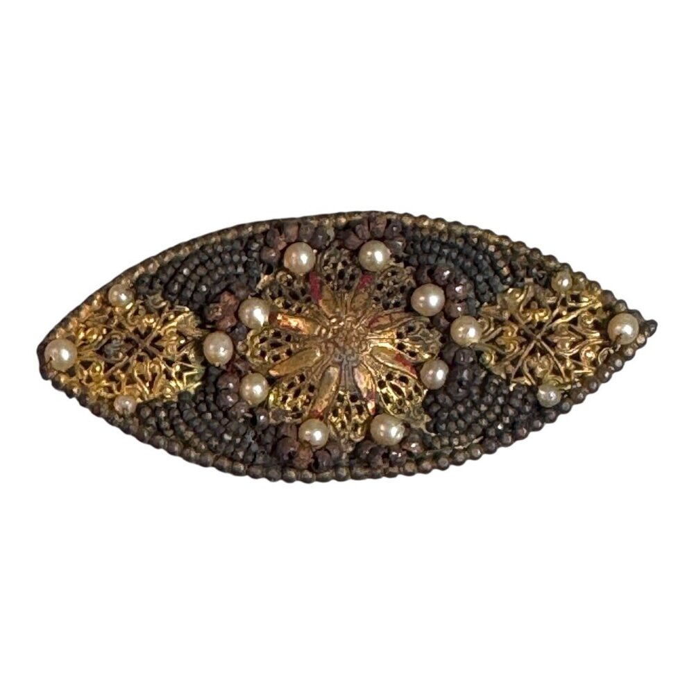 Antique France Gold Filigree & Beaded Brooch Faux Pearls Handmade Unique Design